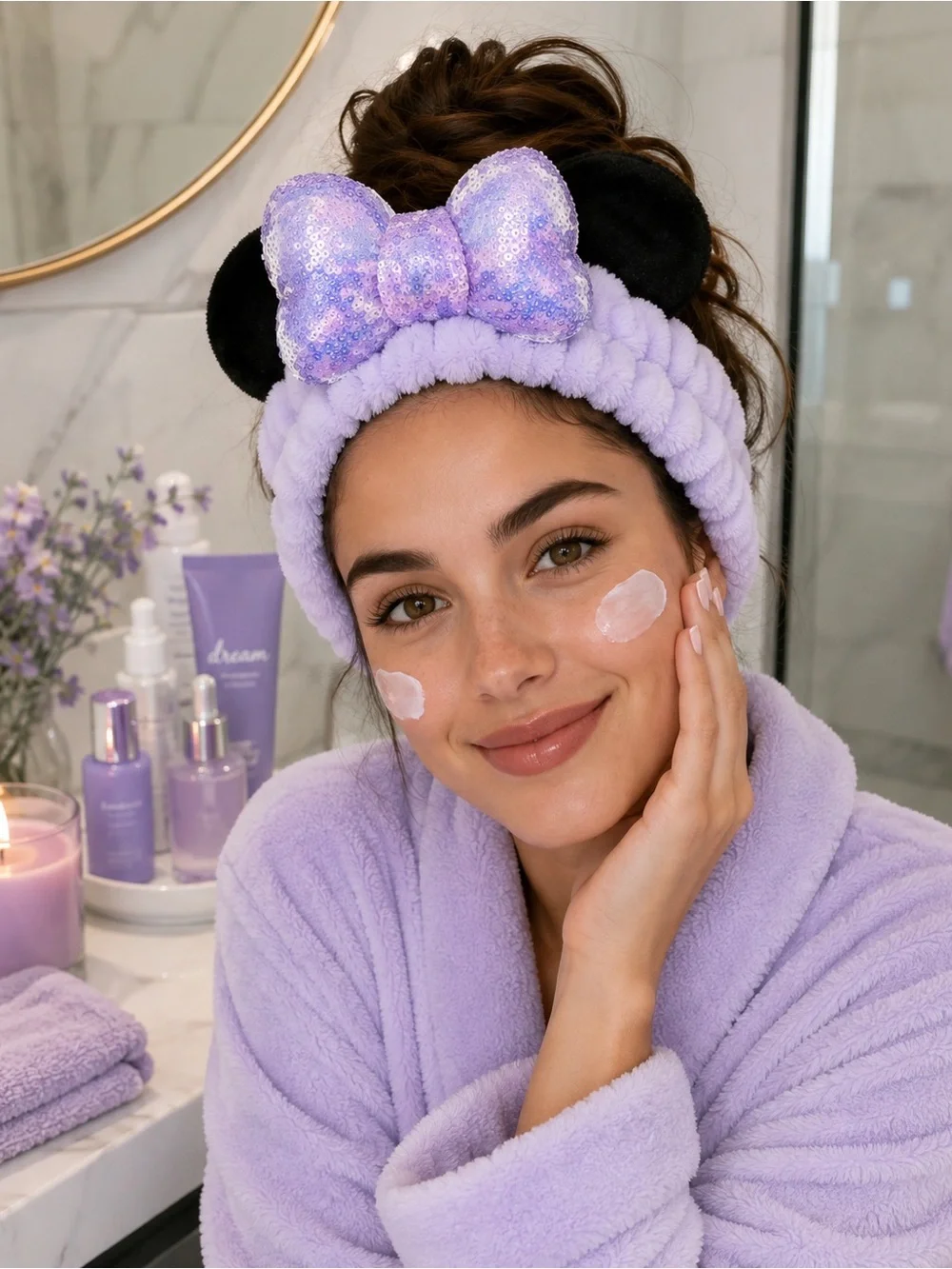 Disney Minnie Mouse Headband Lavender Plush Spa Purple Sequin Bow